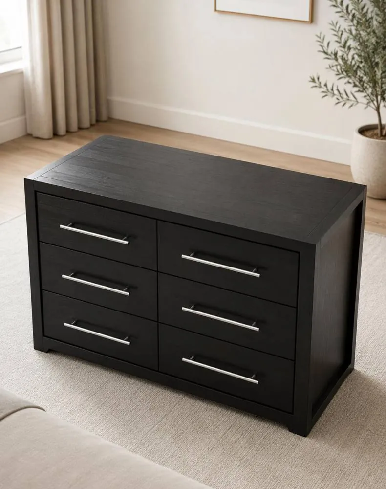 Six-drawer black dresser