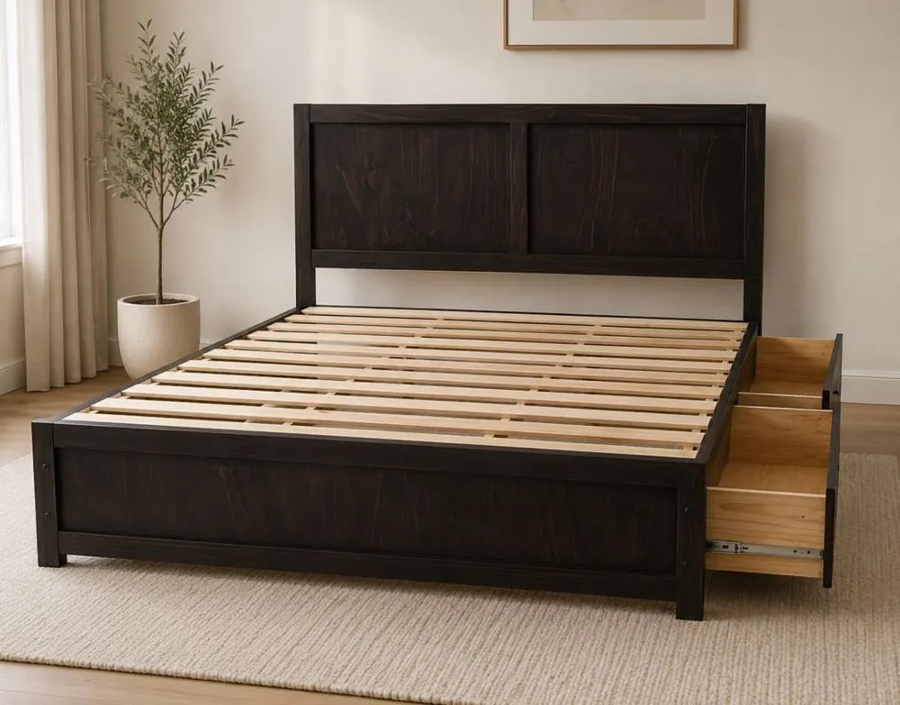 Platform bed with slatted base and storage drawers